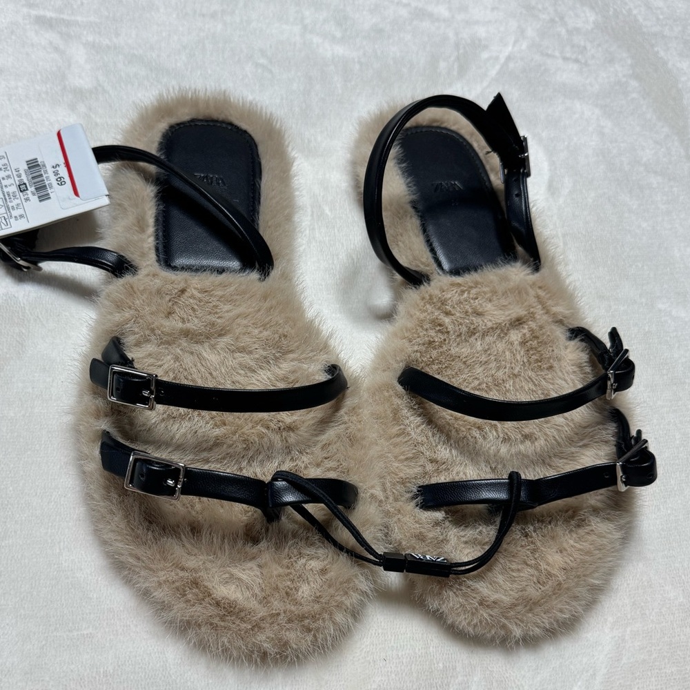 Zara Tan Furry Sandals with Black Straps
